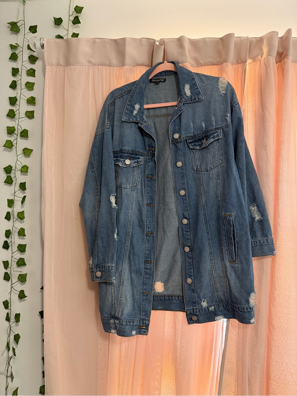 Oversized Distressed Blue Denim Jacket - Women